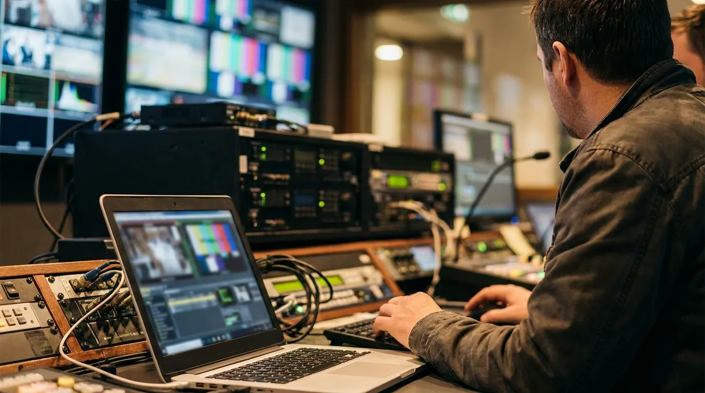 Broadcast engineer at a master control console with a wall of live program monitors